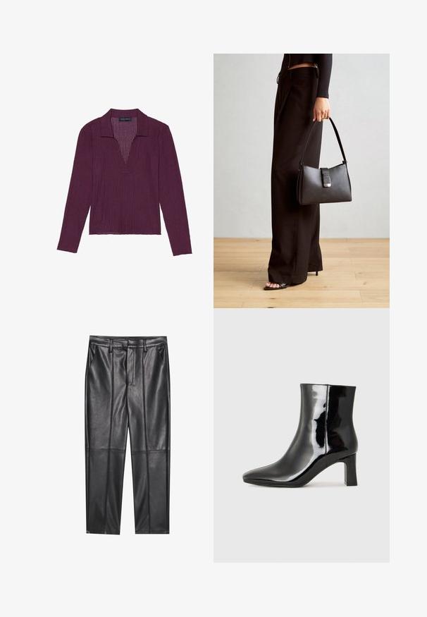 Long-sleeve, deep V-neck top in dark purple with ribbed texture and a collar. Features a fitted design and slight stretch.; Black leather trousers with a smooth texture, featuring a straight fit, two front pockets, and visible seam detailing.; Black patent leather ankle boot with a pointed toe and a mid-height block heel. Smooth texture and minimalist design.; Black handbag with structured shape, smooth texture, and a metallic clasp. Paired with wide black pants and open-toe sandals on wooden floor.