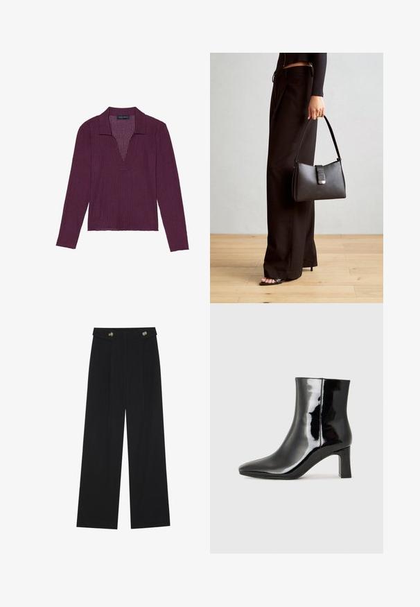 Langsleeve, diep V-hals top in donkerpaars met geribbelde textuur en een kraag. Kenmerkt zich door een getailleerd ontwerp en lichte stretch.; Zwarte wijde broek met hoge taille, knoopdetails op de tailleband en plooien aan de voorkant.; Zwarte gepolijste leren enkellaars met een spitse neus en een blokhak van gemiddelde hoogte. Glad textuur en minimalistisch ontwerp.; Zwarte handtas met gestructureerde vorm, gladde textuur en een metalen sluiting. Gecombineerd met brede zwarte broeken en sandalen met open teen op een houten vloer.