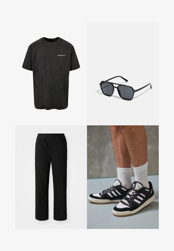 Svart bomull t-skjorte med rund hals, korte ermer og et vintage-uttrykk, med en hvit trykt logo på forsiden.; Sorte bomullsbukser med avslappet passform, elastisk midjebånd, to frontlommer og rette ben. Glatt tekstur uten synlige mønstre.; Sorte og hvite sneakers med overdel i semsket skinn og lær, med tre hvite striper, perforert tå og en såle av gummi.; Sorte solbriller med ottekantet ramme, mørke linser, blank finish, tynde stænger og guld accenter på fronten.