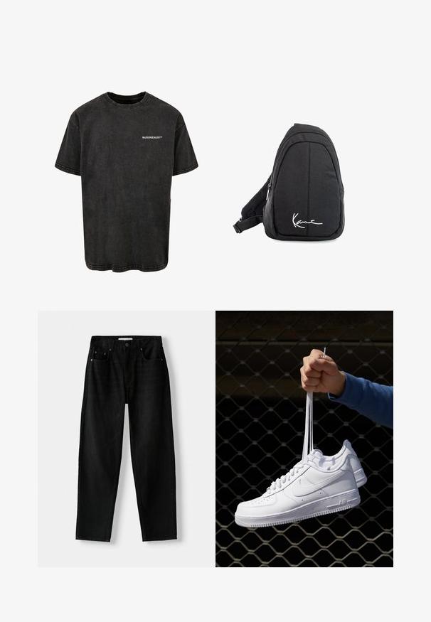Černé bavlněné tričko s kulatým výstřihem, krátkými rukávy a vintage vzhledem, s bílým potiskem loga na přední straně.; Černé džíny s rovnými nohavicemi, pěti kapsami, zapínáním na knoflík a poutky na pásek, vystavené na bílem pozadí.; Bílé kožené tenisky s perforacemi, kulatou špičkou, plochou podrážkou a silnými tkaničkami, které mají viditelné logo swoosh a nápis "AIR" na patě.; Černý textilní batoh s popruhem přes rameno, hladkým povrchem, zakřiveným designem, zipovou přihrádkou a bílým logem na přední straně.