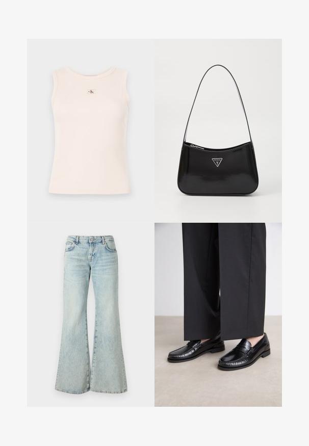 Svijetlo ružičasta rebrasta majica bez rukava s okruglim izrezom. Sadrži mali pravokutni logotip s crvenim i zelenim dizajnom sprijeda.; Svijetloplave traperice s potpisom, s visokim strukom, džepovima i rafiniranim rubovima. Tkanina prikazuje izblijeđeni efekt pranja i suptilnu teksturu.; Crne kožne mokasine s glatkom završnom obradom, prošivene detalje oko nožnog prsta i niskim gumeni potplat. Uparuđene s širokim crnim hlačama.; Crna torba od lakirane kože na rame s zakrivljenim oblikom, koja ima srebrni trokutasti logo i zatvaranje na patent. Glatka tekstura i uski remen.