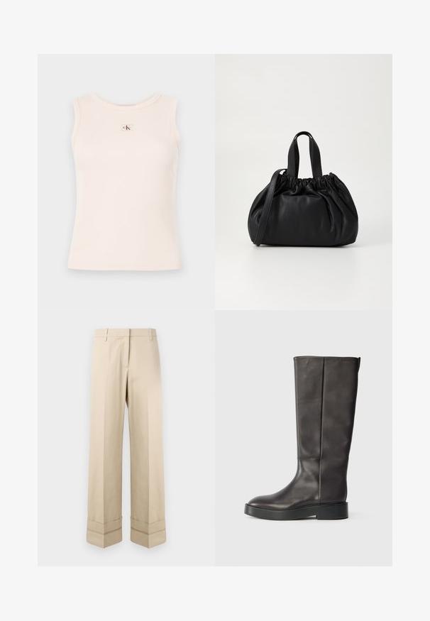 Top din tricot de culoare roz deschis, cu decolteu rotund. Are o inscripție mică, rectangulară, cu un design roșu și verde pe partea din față.; Pantaloni bej cu o croială dreaptă, având un manșon dublu la tiv și un design cu față plată. Fabricat dintr-un material neted și durabil.; Botină din piele neagră, până la genunchi, cu talpă groasă și logo subtil Calvin Klein aproape de marginea superioară, prezentată din lateral.; Geantă de mână din piele neagră cu un design cu partea superioară plisată, având două mânere scurte și o curea lungă ajustabilă. Textură netedă, formă rotunjită.