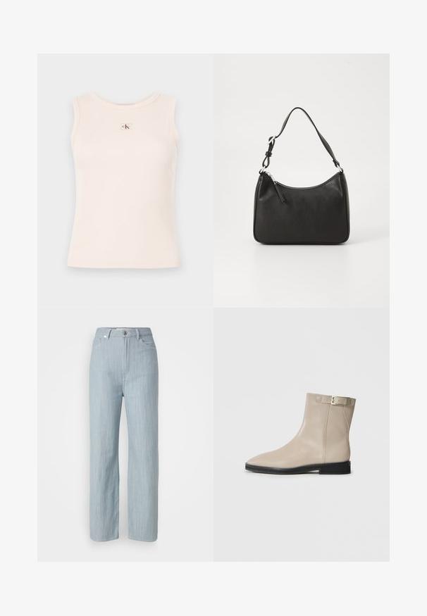 Top din tricot de culoare roz deschis, cu decolteu rotund. Are o inscripție mică, rectangulară, cu un design roșu și verde pe partea din față.; Jeans drepti de culoare bleu deschis, din denim. Prezintă cinci buzunare, un închizător metalic și o ușoară decolorare pentru textură.; Botină din piele bej, până la gleznă, cu vârf ascuțit, talpă neagră, toc mic și curea cu cataramă aurie pe partea exterioară, prezentată pe un fundal alb.; Geantă de mână din piele neagră, cu o formă curbată, curea unică, închidere cu fermoar și un branding subtil pe față. Textură fină, design minimalist.