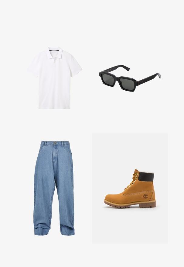 TOM TAILOR Polo - white; Pantalon en denim bleu clair avec une coupe ample, fermeture à bouton, poches avant et ourlet retroussé, doté d'un design classique à cinq poches.; Bottine en cuir brun avec œillets en métal, doublure en fourrure blanche, col rembourré noir, semelle robuste et logo en relief sur le côté.; Lunettes de soleil noires en forme carrée avec des verres gris. Les montures en plastique épaisses présentent des accents dorés et un logo sur la branche. Texture lisse.