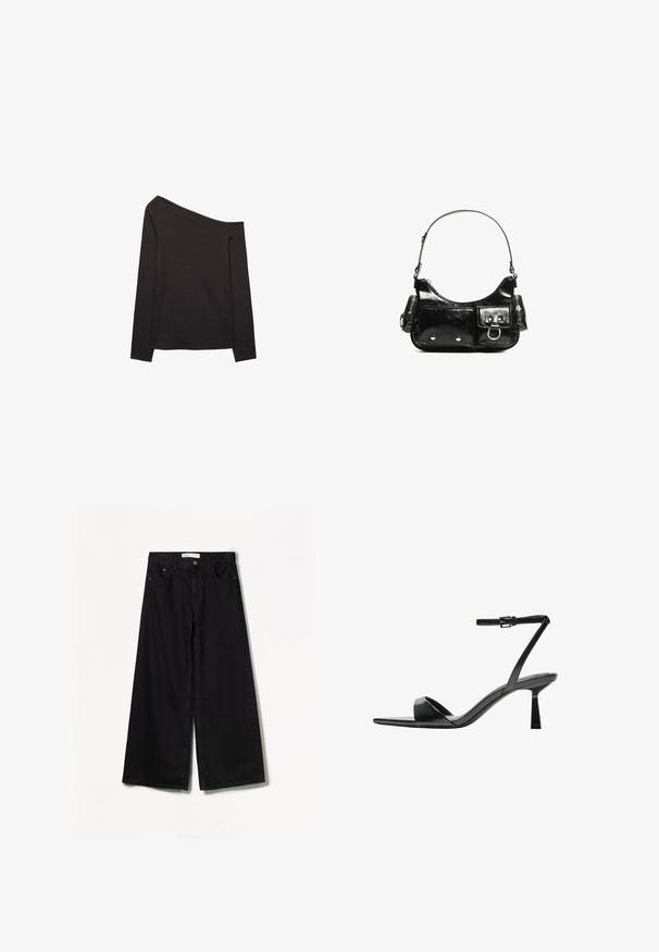 Schwarzes, schulterfreies Langarmoberteil aus weichem Stoff, mit einem lockeren Schnitt und glatter Textur. Keine sichtbaren Muster oder Akzente.; Bershka WIDE-LEG - Wide Leg - black; Bershka High Heel Sandalette - black; Schwarze Lackleder-Handtasche mit geschwungenem Design, einem Schulterriemen, Vordertaschen und silberfarbenen Hardware-Akzenten.