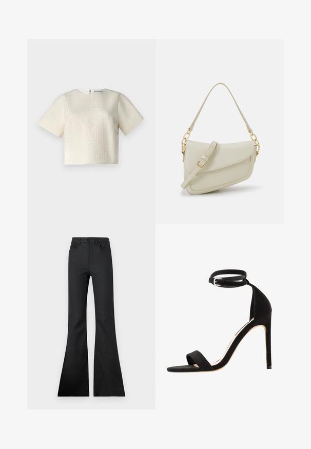 Bijela textured crop majica s kratkim rukavima, okruglim izrezom i zatvaranjem na dugme na leđima. Glatka tkanina s suptilnim geometrijskim uzorkom.; Crne traperice s raširenim nogavicama i srednjim strukom, izrađene od glatkog materijala. Imaju pet džepova i vidljive detalje šivanja.; Crne nubuk sandale na visokom potpeticu s jednostavnim dizajnom remena, otvorenim prstom i remenom oko gležnja s srebrnom kopčom.; Mala krem torbica s teksturiranim finišom, dugačkim podesivim remenom, lančanim detaljem i preklopom. Zlaćani hardver.; Zlatne kružne naušnice, tanke i okrugle, s glatkom metalnom površinom bez ukrasa ili uzoraka.