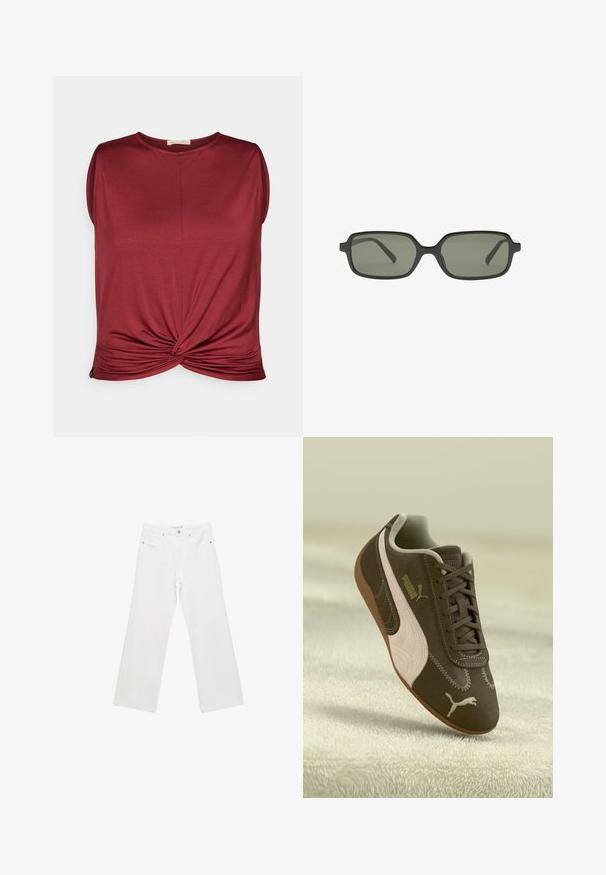 Maroon sleeveless top with a round neckline and twisted knot at the front. Made from soft material with a smooth texture.; White denim wide-leg trousers featuring a classic five-pocket design, metal hardware, and contrast stitching. Smooth texture and relaxed fit.; Brown Puma sneaker with beige stripe and logo, laced, resting on a textured beige surface.; Black rectangular sunglasses with dark green lenses, featuring a flat design, minimalistic sides, and lightweight frame for comfort.; Black leather handbag with braided handles, zipper pocket, and hanging tassels. Textured surface with metal studs and hardware accents.