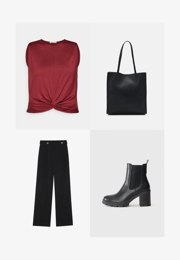 Top senza maniche color marrone bordeaux con scollatura rotonda e nodo attorcigliato sul davanti. Realizzato in materiale morbido con una texture liscia.; Pantaloni neri a gamba larga con vita alta, dettagli con bottoni in vita e pieghe frontali.; Stivaletto in pelle nera con pannelli laterali elastici, suola in gomma spessa e tacco alto a blocco. Presenta un manico sul retro.; Borsa tote in pelle nera con texture liscia, forma rettangolare e due manici lunghi. Nessun hardware o decorazione visibile.