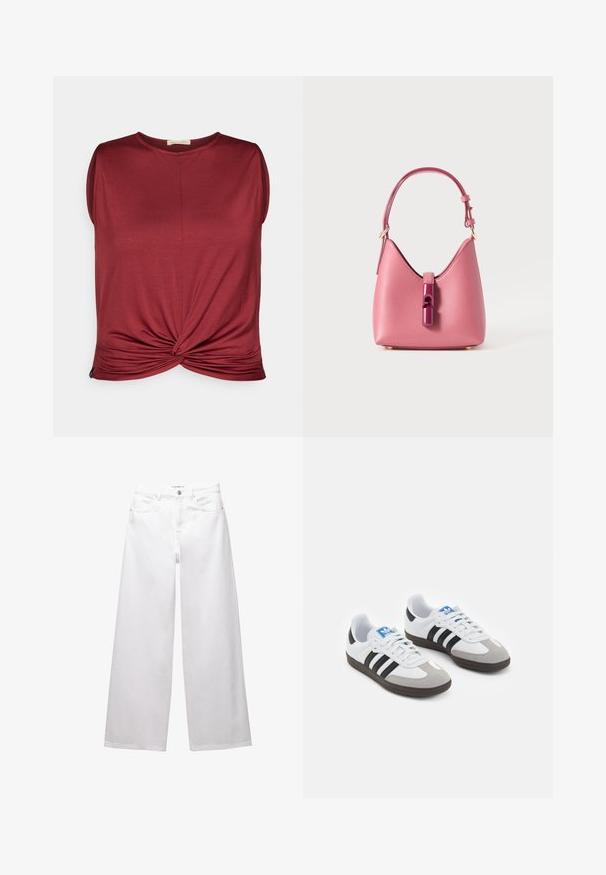 Maroon ilmanhihaista toppia, jossa on pyöreä kaula-aukko ja kiertynyt solmu edessä. Valmistettu pehmeästä materiaalista, jossa on sileä pinta.; Valkoiset leveät farkut, jotka on valmistettu denimestä. Varustettu nappikiinnityksellä, etu- ja takataskuilla sekä ommelluilla saumoilla. Sujuva pinta, jossa on minimaalinen yksityiskohtaisuus.; Urheilukengät, joissa on valkoinen nahkainen päällinen, harmaa mokkanokka ja kolme mustaa raitaa. Ominaisuuksina sininen logo kielekkeessä ja kuvioitu kumipohja.; Vaaleanpunainen nahkalaukku, jossa on rakenteellinen muoto, kiiltävä suljenta ja yksi säädettävä olkahihna. Rakeinen pinta ja kultainen metalliosat.