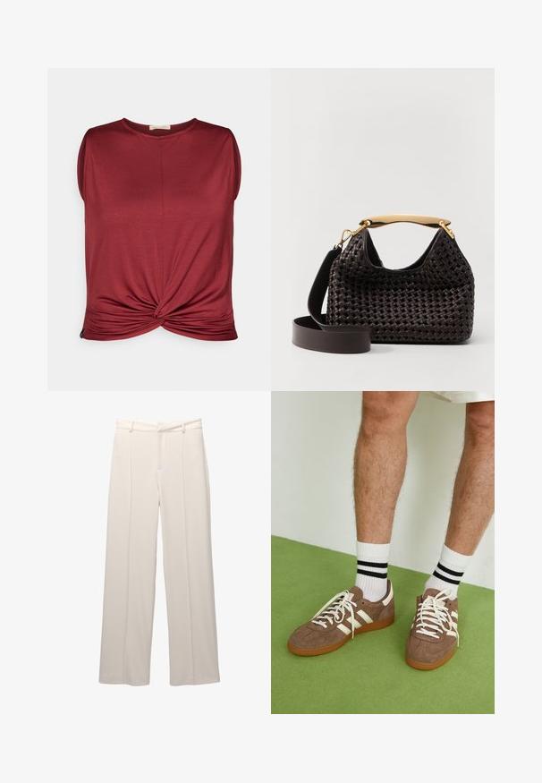 Bordo brezrokavnik s krojnim izrezom in zavitim vozlom spredaj. Narejen iz mehkih materialov z gladko teksturo.; Široke hlače iz svetle bež tkanine z gladko teksturo. Imajo prilegajoč pas, sprednje vole in brez vidnih žepov.; Rjavi semiš športni čevlji z belimi detajli in vezalkami. Gumijast podplat. Nošeni z belimi nogavicami z črnimi črtami. Zelena teksturirana talna obloga.; Elleme BOOMERANG WOVEN - Torbica - brown