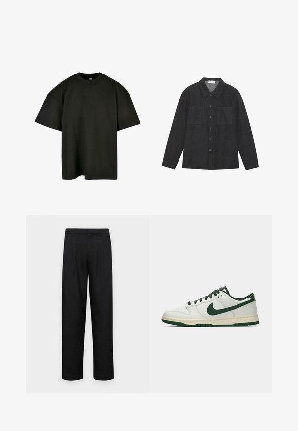 Črna oversize majica iz mehkega bombaža. Ima okroglo ovratnico in kratke rokave, z gladko teksturo in minimalističnim dizajnom.; Temno siva srajca iz teksturirane tkanine, z usklikanim ovratnikom, gumbom na sprednji strani in dvema žepoma na prsih. Dolgi rokavi z gumbi na manšetah.; Črne hlače iz gladkega materiala, s krojem ravne noge, dvema sprednjima pregiboma in standardnim pasom z zankami za pas.; Beli nizki športni copat z temno zelenim Nike žigom, vezalnimi trakovi in akcenti na podplatu, prikazan v profilu na praznem belem ozadju.