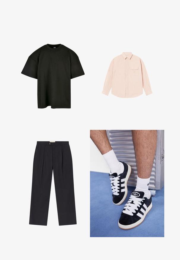 Must värvi suur lõikega t-särk pehmest puuvillast. Omab ümmargust klassikalist kaelaauku ja lühikesi varrukaid, sileda tekstuuri ja minimalistlikku disaini.; Hele roosa pika varrukaga särk pehmest kangast, millel on nööpidega krae, ees tasku ja diskreetne tikand loogol rinna peal.; Kohandatud tumehelesinised püksid kõrge vöökohaga, kahe esiliga, nööbi kinnitusega ja sirgete jalgadega siledast kangast.; Mustad nahkjalatsid valgete paelte ja kolme valge triibuga. Omab ümmargust musta logo keele peal ning kummist tallat.