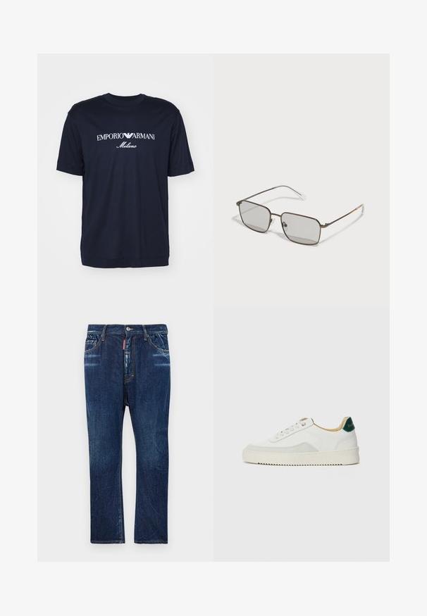 T-shirt de algodão azul marinho com mangas curtas. Apresenta um logótipo bordado branco "EMPORIO ARMANI Milano" ao longo do peito.; Jeans de denim azul escuro com um corte reto, apresentando um desbotamento leve, costura amarela, bolsos frontais e fecho com botão.; Tênis brancos com detalhes em camurça, bico arredondado, atacadores planos e sola de borracha creme. Apresenta uma marcação verde no calcanhar.; Óculos de sol com armação de metal castanho e lentes quadradas, lentes de tom cinza, pontas de hastes transparentes e um acento laranja nas hastes.