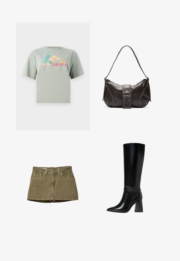 T-shirt en coton vert clair à manches courtes, avec un impression graphique colorée comprenant des cactus, des montagnes et le mot "COWGIRLS".; Jupe en denim vert olive, mini, avec poches avant, coupe droite et fermeture à bouton. Texture douce avec des détails de couture visibles.; Bottes en cuir noir arrivant au genou, avec un bout pointu, une texture lisse et un talon épais et cranté pour la stabilité. Design élégant avec des accents minimalistes.; Sac à épaule en cuir marron avec une forme courbée, présentant un détail de boucle proéminent, des coutures contrastantes et une seule bandoulière.