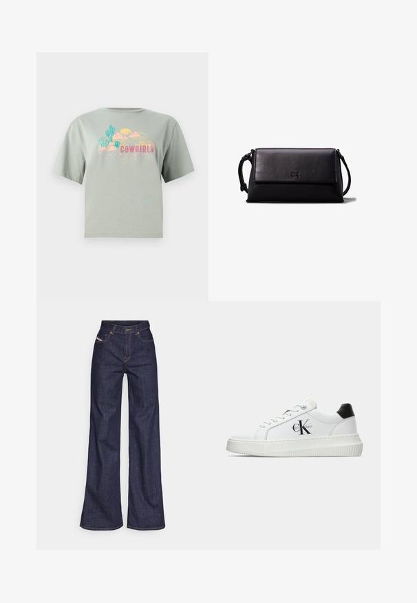 Gaiši zaļš kokvilnas T-krekls ar īsām piedurknēm, rotāts ar krāsainu grafiku, kas ietver kaktusus, kalnus un vārdu "COWGIRLS."; Tumši zili platleņķa džinsi no denima auduma ar augstu jostasvietu, ar oranžām šuvēm, piecu kabatu dizainu un pogu aizdari.; Baltā zema topa sporta apavas ar melnu papēža cilni, platformas zoli, auklēm un Calvin Klein "CK" logo sānos.; Melna ādas maku ar taisnstūra formu, gludu tekstūru, platu aizdari un nelielu rokturi sānos. Satur diskretu logo.
