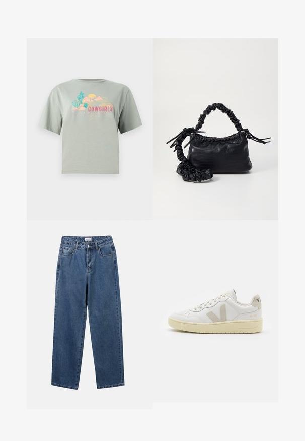 Lichtgroene katoenen T-shirt met korte mouwen, voorzien van een kleurrijke grafische print met cactussen, bergen en het woord "COWGIRLS."; Klassieke blauwe denim jeans met een rechte pijp, vijf zakken en een knoopsluiting. Heeft een middelgrote wasbeurt en stevige textuur.; Witte leren sneaker met beige suède accenten, geperforeerde neus, platte veters en een gestructureerde crèmekleurige zool. Heeft subtiele branding op de hak.; Zwarte nepleer handtas met een krokodillenstructuur, opgedroogde bovenkant en een gekreukte hengsel. Het lijkt zacht en compact van ontwerp.