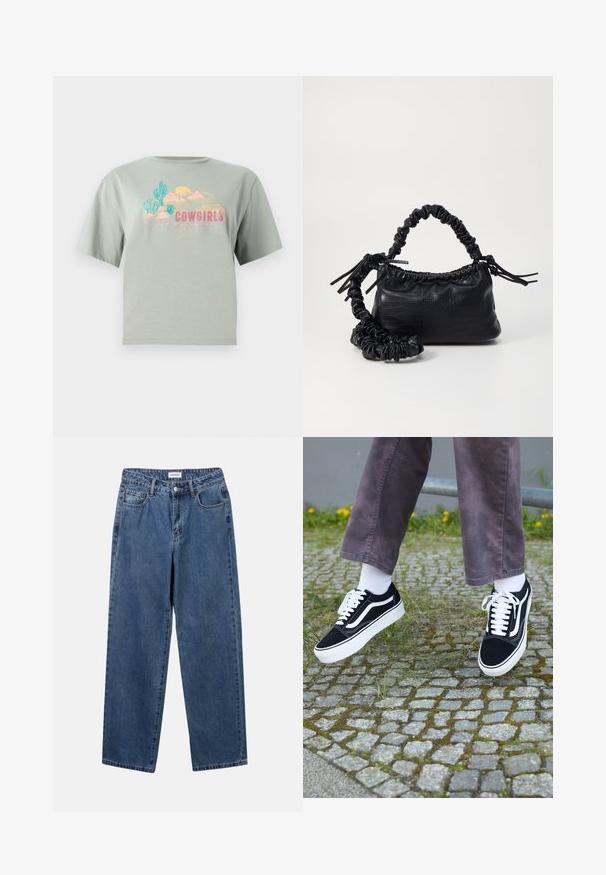 Hellgrünes Baumwoll-T-Shirt mit kurzen Ärmeln, das einen bunten Grafikdruck mit Kakteen, Bergen und dem Wort "COWGIRLS" zeigt.; Klassische blaue Denim-Jeans mit geradem Bein, fünf Taschen und Knopfverschluss. Sie verfügen über eine mittelblau gewaschene Optik und sind aus robuster Textur.; Schwarze Wildleder-Sneaker mit weißen Akzenten, runder Zehenform, dicker weißer Sohle und klassischem Schnürdesign, getragen mit weißen Socken und lila Hose.; Schwarze Handtasche aus Kunstleder mit Krokodilstruktur, gerafftem oberen Teil und einem geschoppten Tragegurt. Sie wirkt weich und kompakt im Design.