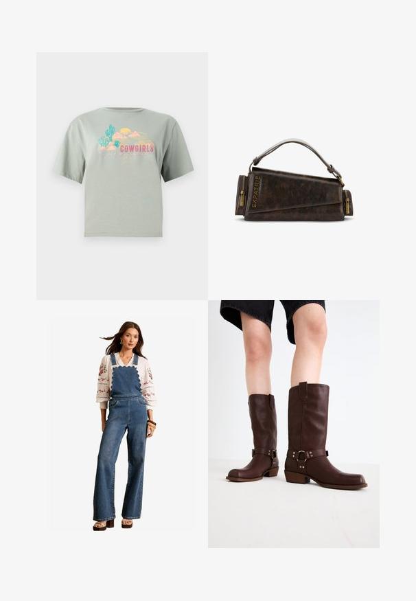 Světle zelené bavlněné tričko s krátkými rukávy, které má barevný grafický potisk zahrnující kaktusy, hory a slovo "COWGIRLS."; Džínové šortky s vlnkovým designem na přední části, rozšířenými nohavicemi a bočními kapsami. V kombinaci s bílou vyšitou blůzou a dřevěnými doplňky.; Hnědé kožené vysoké boty ke kolenům s kulatou špičkou, texturovaným povrchem, řemínkem kolem kotníku a detailem ze stříbrného kovu; na podpatku.; Hnědá kožená kabelka s geometrickým designem, vybavená horním uchy a mosaznými zipovými detaily. Logo je vyraženo na boku.