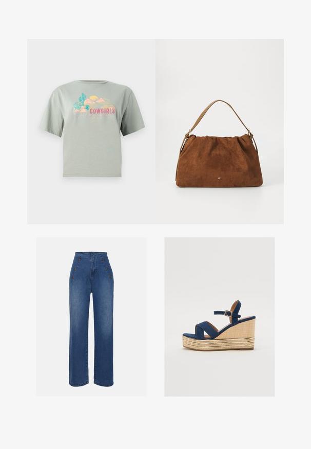 Hele roheline puuvillane t-särk lühikeste varrukatega, millel on erksavärviline graafika, sealhulgas kaktused, mäed ja sõna "COWGIRLS."; Keskmise sinise värviga kõrge vöökohaga teksad. Omavad esipoolsete nööbiefekte ja laia jala disaini. Kanga tekstuur on sile ja kerge kulumisega.; Tumesinine klotsmanisaapad ristatud rihmadega, tekstureeritud looduslikust kiust platvorm ja kuldne metallist aktsent põhjas.; Pruun nubukist käekott, millel on kokku tõmmatud disain, ühesaanvärvilise naha rihmaga ja esiküljel peen kuldne logo detail.