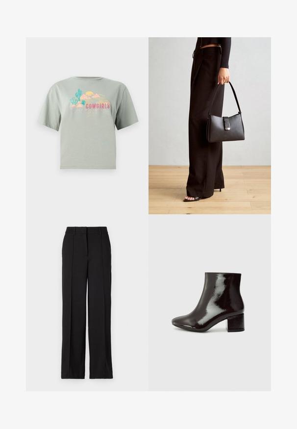Lys grøn bomulds t-shirt med korte ærmer, prydet med farverig grafik, der inkluderer kaktusser, bjerge og ordet "COWGIRLS."; Sorte bukser med en lige ben design, der har to forreste folder, en talje og ingen synlige lommer eller dekorative elementer.; Sorte patenterede læder ankelstøvler med spids tå og en chunky hæl. Glat tekstur med en subtil glans og rene linjer, minimalistisk design.; Sort håndtaske med struktureret form, glat overflade og metalspænde. Sammen med brede sorte bukser og sandaler med åben tå på trægulv.