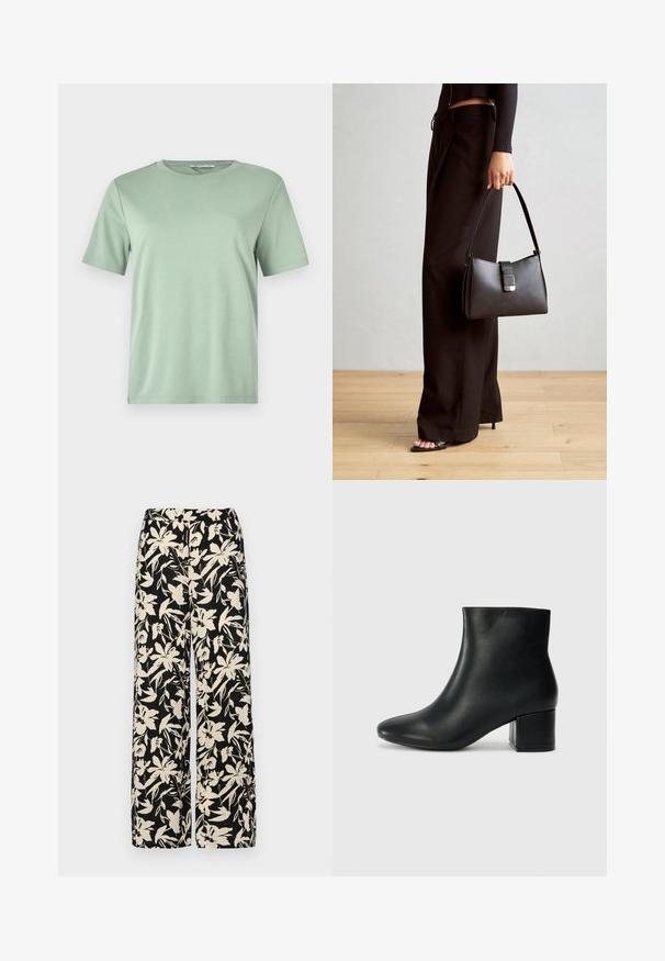 Mint green short-sleeve t-shirt made of soft fabric. Features a round neckline and a relaxed fit with straight cut hem.; Black wide-leg pants with a cream floral pattern. Made of lightweight fabric, featuring a smooth texture and a high waistband.; Black leather ankle boots with a pointed toe and a chunky heel. Smooth texture with minimal accents and a sleek, fitted design.; Black handbag with structured shape, smooth texture, and a metallic clasp. Paired with wide black pants and open-toe sandals on wooden floor.