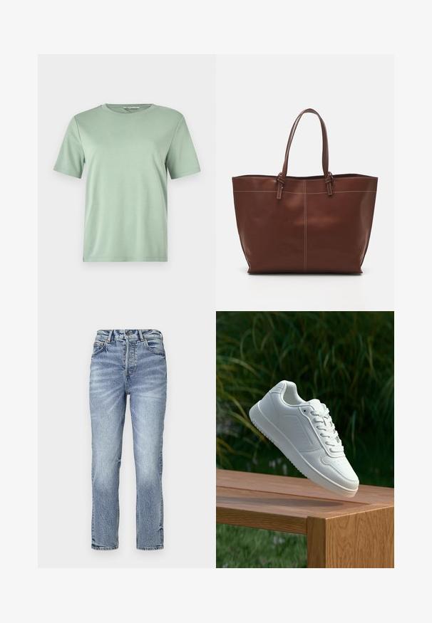 Mint green short-sleeve t-shirt made of soft fabric. Features a round neckline and a relaxed fit with straight cut hem.; Light blue denim jeans with a straight fit, high waist, faded texture, and five pockets. Features metal button and zipper closure.; White sneaker with a smooth synthetic upper, perforated toe box, flat laces, and a textured sole, displayed on a wooden surface.; Brown leather tote bag with double handles, features contrast stitching and a spacious design, suitable for everyday use.