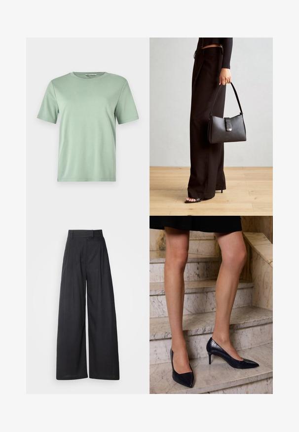 Miętowy T-shirt z krótkim rękawem wykonany z miękkiego materiału. Posiada okrągły dekolt i luźny krój z prostym wykończeniem.; Czarne, szerokie spodnie z szerokim paskiem i zakładkami. Wykonane z lekkiego materiału, o gładkiej fakturze i bez widocznych wzorów.; Granatowe szpilki z opadającym czubkiem, z gładkim i teksturowanym wykończeniem przypominającym skórę krokodyla.; Czarna torebka o usztywnionym kształcie, gładkiej fakturze i metalowym zapięciem. Połączona z szerokimi czarnymi spodniami i sandałami na otwartym palcu na drewnianej podłodze.