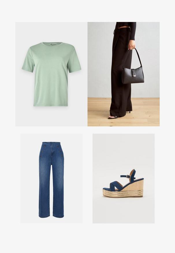 Minta zaļas īsām piedurknēm t-krekls, kas izgatavots no mīkstas auduma. Iezīmē apļa formu izgriezumu un brīvu piegriezumu ar taisnu malu.; Augstas jostas denima bikses vidēji zilā krāsā. Iespējas ir priekšējie pogu akcenti un plata kāju dizains. Audumam ir gluda tekstūra ar nelielu nodilumu.; Mākslīgās zila platformas sandales ar šķērsām siksnām, teksturētu dabīgā šķiedra platformu un zelta metalizētu akcentu apakšā.; Melnā somiņa ar strukturētu formu, gludu tekstūru un metālu sprādzi. Saskaņota ar platām melnām biksēm un sandālēm ar atvērtu purngalu uz koka grīdas.