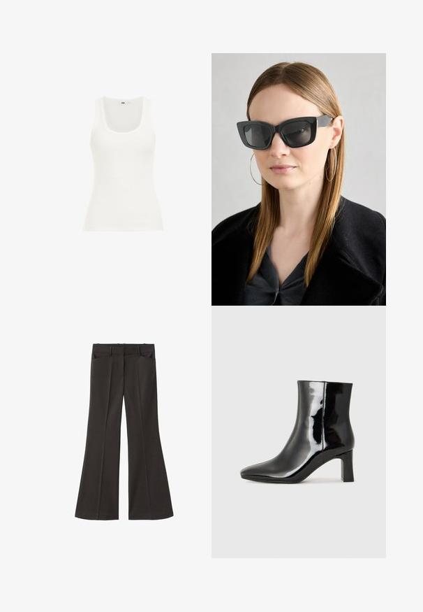 Valkoinen ribatulla pinnalla varustettu tankkitoppi, jossa on pyöreä kaula-aukko ja leveät olkaimet. Kangas näyttää joustavalta ja vartalonmyötäiseltä, sopii kerrospukeutumiseen tai rennoksi käyttöön.; Mustat vyötäröltä korkealla loistavat housut; niissä on kaksi etutaskua ja sileä kangaspinta. Sopii eri tilaisuuksiin.; Musta patenttilakattu nilkkuri, jossa on terävä kärki ja keskipitkä lohkarekorko. Silkkinen pinta ja minimalistinen muotoilu.; Mustan kissakuvioisen aurinkolasit tummilla linsseillä, paksuilla kehyksillä ja hillityillä yksityiskohdilla. Yhdistetty mustaan takkiin ja harmaaseen paitoihin, joissa on pitkät suorat hiukset.