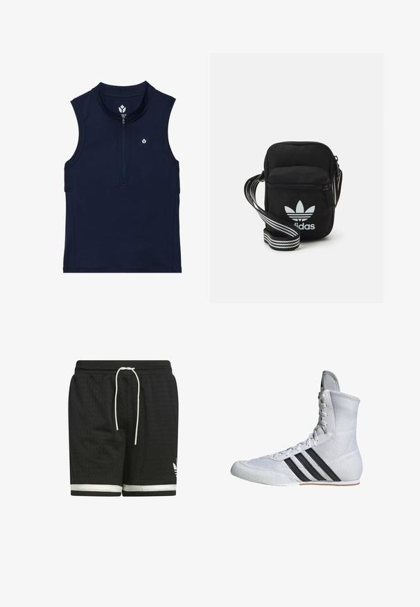 Marineblauw mouwloos sporttop gemaakt van rekbare stof, met een rits aan de voorkant, een ronde kraag en een klein logo op de borst.; Zwarte sportieve shorts van een gestructureerde mesh stof. Voorzien van een witte trekkoord en een witte streep langs de zoom. Adidas-logo in het wit.; Witte sportieve schoen met hoge enkel, bovenwerk van mesh en drie zwarte strepen. Heeft een versterkte neus en een gestructureerde zool.; Zwarte stoffen schoudertas met een ritssluiting, voorzien van een wit Adidas-logo en een gestreepte, verstelbare schouderband voor gemakkelijk dragen.