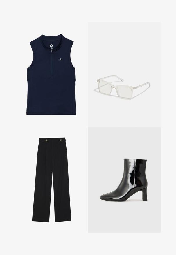 Námořnické bezrukávové sportovní tričko vyrobené z elastického materiálu, s předním zipem, zaobleným límcem a malým logem na prsou.; Černé široké kalhoty s vysokým pasem, detailní knoflíky na pase a přední záhyby.; Černé lakované kotníkové boty s špičatou špičkou a středně vysokým blokovým podpatkem. Hladká textura a minimalistický design.; Průhledné plastové brýle čtvercového rámečku s průsvitnými čočkami, které mají zlaté akcenty na spáncích pro zvýraznění detailů.; Černá kabelka se strukturovaným tvarem, hladkým povrchem a kovovým uzávěrem. Kombinována s širokými černými kalhotami a sandály s otevřenou špičkou na dřevěné podlaze.