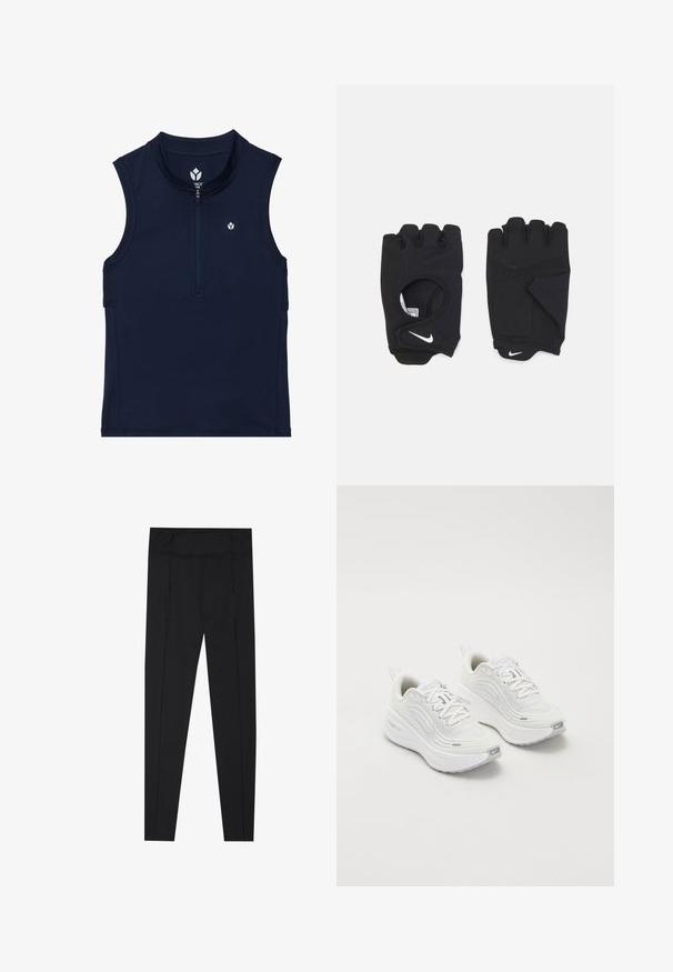 Top atletico senza maniche blu navy realizzato in tessuto elasticizzato, con zip frontale, colletto arrotondato e un piccolo logo sul petto.; Leggings neri con una texture liscia, vita alta e dettagli di cucitura lungo i lati. Design slim-fit, adatti per diverse attività.; Scarpe da ginnastica bianche con tomaia in rete testurizzata, suola ammortizzata e sottili dettagli grigi. Comprendono il branding e una linguetta sul tallone per una facile calzata.; Guanti neri senza dita realizzati in materiale elastico, con un design per il palmo aperto, dettagli antiscivolo e il logo Nike in bianco.