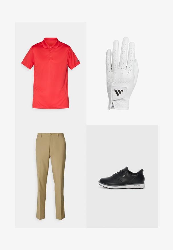 Rdeča polo majica s kratkimi rokavi in tremi gumbi ter ovratnikom, z majhnim črnim logotipom na levem rokavu, prikazana na beli podlagi.; Kaki hlače iz gladkega blaga, ki se ponašajo s klasičnim dizajnom, ravnimi nogami, gumbnim zapiranjem in dvema stranskima žepoma.; Črne usnjene vezalne superge Skechers z belo podplatom, stranskim logotipom in teksturiranim gripom na podplatu na enobarvni svetli podlagi.; Bela usnjena golf rokavica s perforiranimi prsti, teksturiranim šivom in črnim poudarjenim logotipom na zapestju. Slim fit oblikovanje za boljši oprijem.
