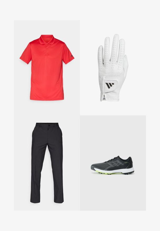 Rød kortermet polo-skjorte med tre knapper og krage, med en liten svart logo på venstre erme, vist på en hvit bakgrunn.; adidas Golf PANT - Bukse - black; Sorte svarte sportssko med teksturert overdel, reflekterende detaljer og hvit mellomsåle. Har såle i grønn gummi med grepknopper.; Hvitt lær golfhansker med perforerte fingre, teksturerte sømmer og en svart logo aksent på håndleddet. Slank passform for godt grep.