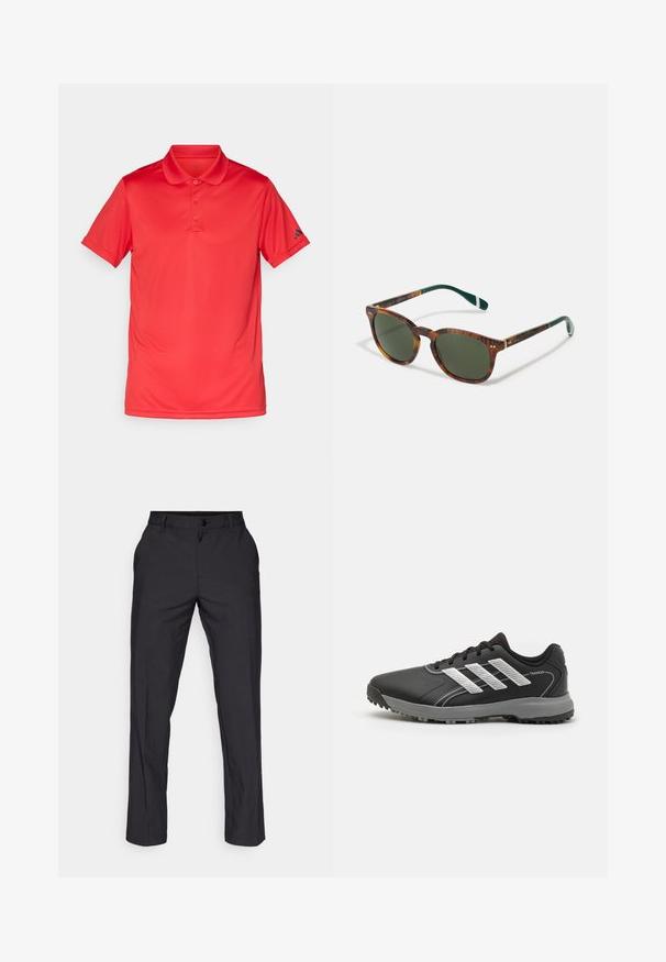 Polo shirt rosso a maniche corte con tre bottoni e colletto, caratterizzato da un piccolo logo nero sulla manica sinistra, esposto su uno sfondo bianco.; adidas Golf PANT - Pantaloni - black; Scarpa sportiva nera con tomaia texturizzata, strisce argentate, chiusura con lacci e suola in gomma grigia con puntini di trazione.; Occhiali da sole tartarugati con lenti verdi, forma rotonda, dettagli dorati e aste verde scuro con una striscia bianca.