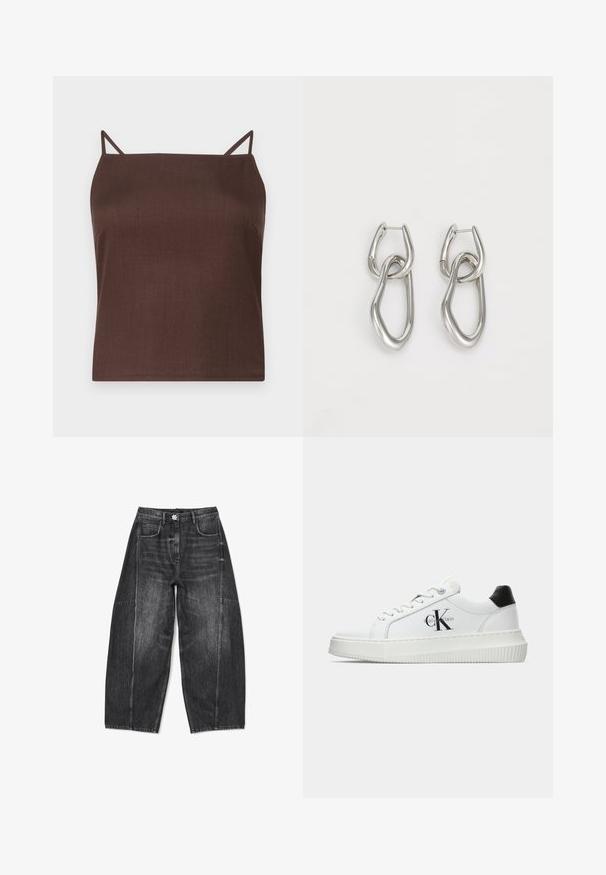 Ruskea, hihaton toppi ohuilta olkaimilta; valmistettu sileästä, mattapintaisesta kankaasta; laatikkomainen leikkaus suoralla helmalla; minimalistinen muotoilu ilman kuvioita.; Kappaleita leveälahkeiset mustat farkut, joissa on haalistunut pinta, viisi taskua ja tarkat ompeleet. Vyötäröosassa on koristeellisesti suunniteltu nappi.; Valkoiset matalat tennarit, joissa on musta kantapää, alustasolki, nauhat ja Calvin Kleinin "CK" logo sivuilla.; Calvin Klein STATEMENT LINKS - Korvakorut - silver-coloured