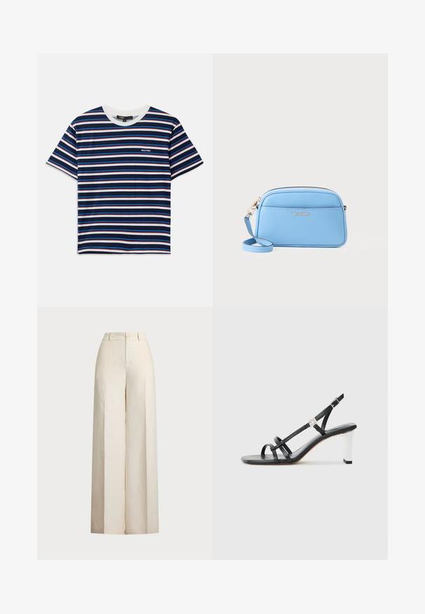 Striped short-sleeve t-shirt featuring navy, white, red, and blue stripes. Round neckline with a small logo on the chest. Soft fabric texture.; Beige wide-leg trousers made of lightweight fabric. Features a high waist, button closure, and two front pockets with a clean finish.; Black heeled sandals with multiple narrow straps, a slingback design, and a silver accent on the heel. Smooth upper material and square heel.; Light blue leather crossbody bag with gold-tone hardware, zip closure, and a front pocket. Features an adjustable strap for convenience.