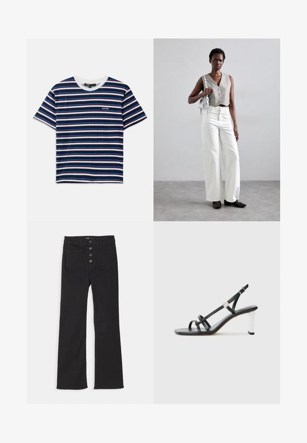 Stripet kortærmet t-shirt med marineblå, hvid, rød og blå striber. Rund halsudskæring med et lille logo på brystet. Blød stofstruktur.; Sorte denim flare jeans med høj talje, fem-pockets design og lukning fortil med fire metalknapper.; Sorte hælede sandaler med flere smalle remme, et slingback-design og en sølvaccent på hælen. Glat overflademateriale og firkantet hæl.; Grå cropped vest med knapper, parret med hvide wide-leg jeans og sorte flade sko. Accepteret med en lille sølv frynse taske.