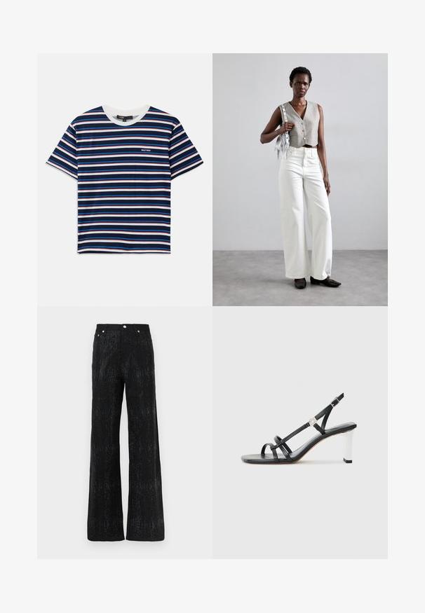 Stripet kortærmet t-shirt med marineblå, hvid, rød og blå striber. Rund halsudskæring med et lille logo på brystet. Blød stofstruktur.; Sorte bukser med brede ben og en tekstureret overflade, der har et glitrende mønster. Afsluttet med et standard taljebånd og metal knapdetaljer.; Sorte hælede sandaler med flere smalle remme, et slingback-design og en sølvaccent på hælen. Glat overflademateriale og firkantet hæl.; Grå cropped vest med knapper, parret med hvide wide-leg jeans og sorte flade sko. Accepteret med en lille sølv frynse taske.