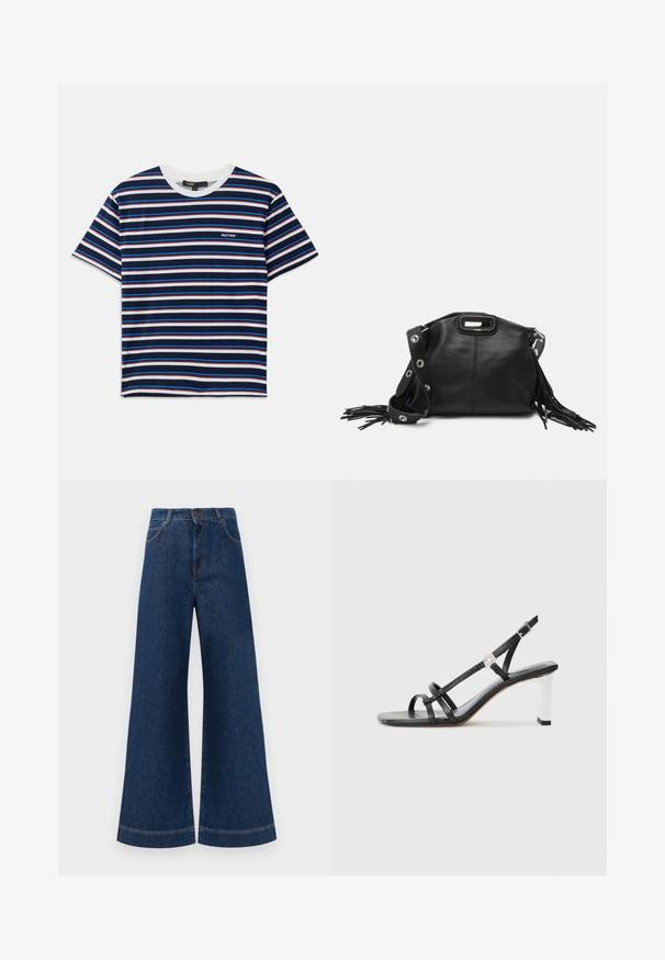 Pasma kratkih rukavov s črtami v mornarsko modri, beli, rdeči in modri barvi. Okrogli izrez z majhnim logotipom na prsih. Mehka tekstura tkanine.; Svetlo modri jeans širokih nogavic z visokim pasom, ki imajo zaponko, težke zanke za pas in subtilne šive ob žepih in robovih.; Črne sandale s peto z več ozkimi trakovi, dizajn slingback in srebrnim poudarkom na peti. Gladek zgornji material in kvadratna peta.; Maje MISS MINI - Torba čez telo - noir