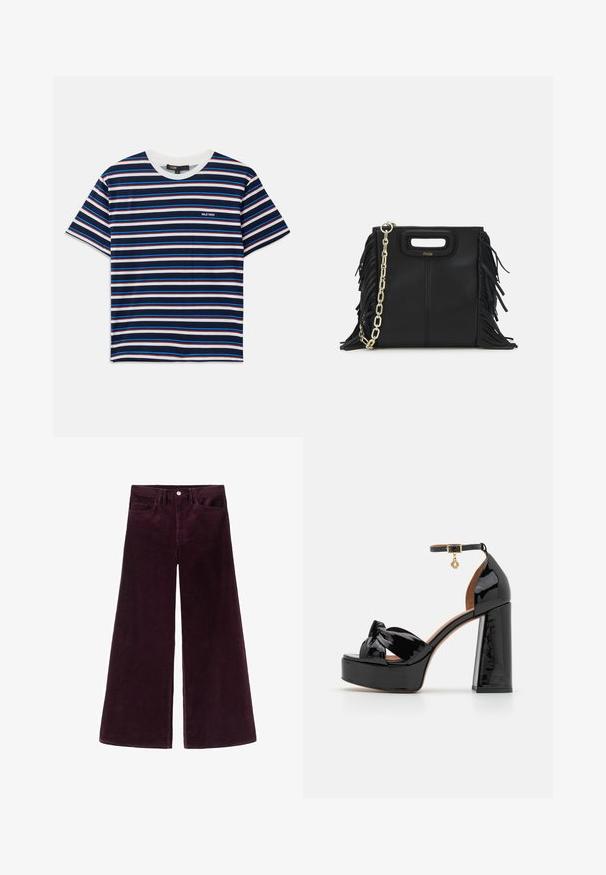 Stripet kortærmet t-shirt med marineblå, hvid, rød og blå striber. Rund halsudskæring med et lille logo på brystet. Blød stofstruktur.; Vide ben corduroy bukser i dyb burgunder, med høj talje, knaplukning og klassisk fem-lomme design med ribbet tekstur.; Maje Højhælede sandaletter / Højhælede sandaler - noir; Sort læder skuldertaske med frynse-detaljer, guldkæde skulderrem og udskåret håndtag. Har logo placeret på forsiden.
