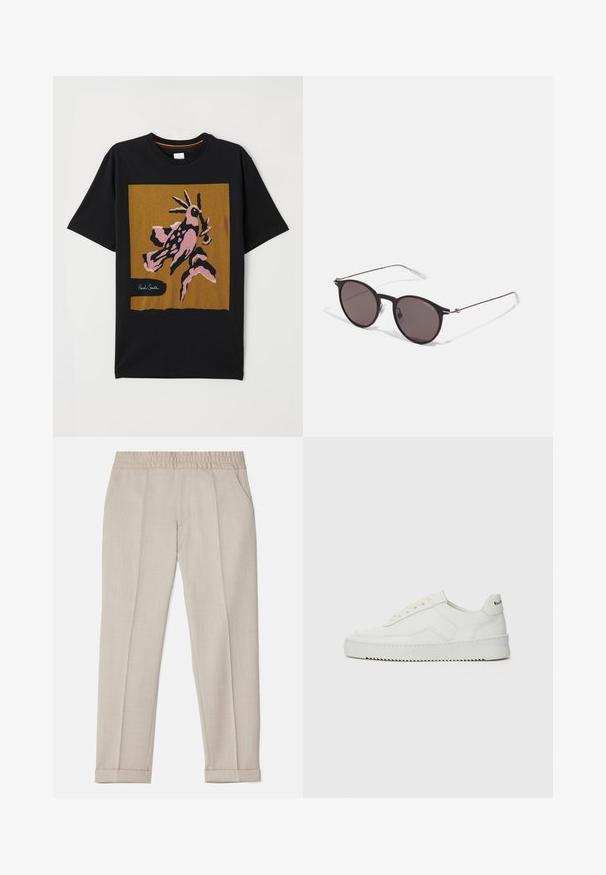 Melnas kokvilnas T-krekls ar lielu, abstraktu rozā un brūnas putna grafiku uz zelta kvadrāta, ar "Paul Smith" logo baltā krāsā.; Filippa K TERRY CROPPED TROUSERS - Auduma bikses - sage melange; Baltas ādas sneakers ar gludu virsmu, apaļu pirkstu daļu, plakaniem šņorēm un teksturētu zoli. Satur diskrētu logotipu uz papēža.; Melni apaļi saulesbrilles ar tumšiem lēca un plānām metāla stangām. Iekļautas caurspīdīgas tempļu galviņas un sudraba akcenti pie eņģes. Minimalistisks dizains.