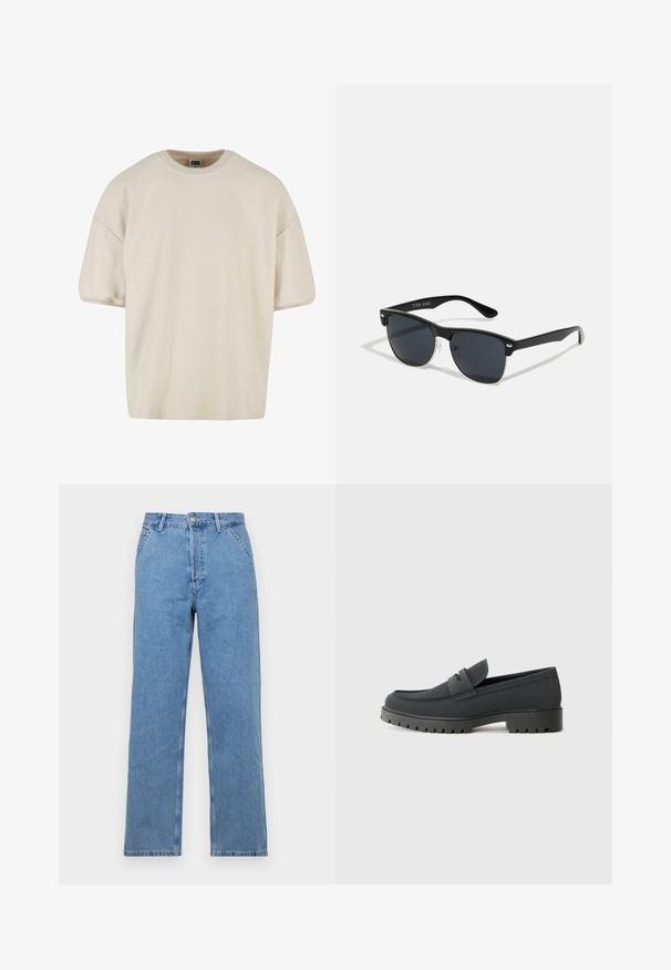 Urban Classics TERRY BOXY - T-shirts basic - softseagrass; Lysblå denim straight-leg jeans med et klassisk femlomme-design, der har frontknaplukning og bæltestropper. Glat tekstur.; Sort loafersko med en glat, mat overflade, der har en rund tå og en tyk, struktureret sål. Pyntet med en frontrem.; Sorte solbriller med rektangulær form, mørke linser, sølvdetaljer ved tindingerne og en mat finish på stellet.