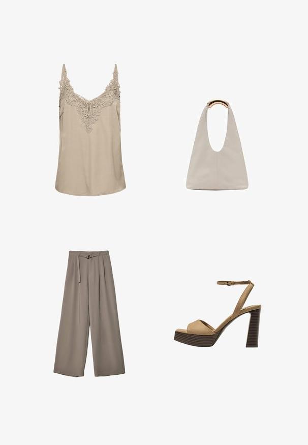 Beżowy bezrękawnik z misternymi koronkowymi detalami wzdłuż dekoltu, z regulowanymi ramiączkami oraz gładkim, zwiewnym materiałem.; Spodnie o szerokich nogawkach w miękkim, stonowanym szarym materiale, z paskiem w talii i plisami dla dodania detali projektowych. Gładka tekstura, bez wzorów.; Beżowe zamszowe sandały na wysokim obcasie z szerokim paskiem z przodu i paskiem za kostkę, z masywnym drewnianym obcasem o teksturowanym wykończeniu.; Jasnoszara skórzana torba o kształcie litery U z zakrzywionym metalowym uchwytem. Gładka tekstura z minimalnymi szwami i bez widocznych wzorów.
