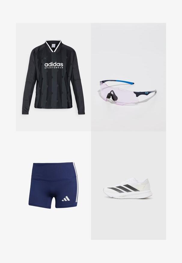 adidas Sportswear TIRO CUT STRIPES LONG SLEEVE - Top s dlhým rukávom - black; Námornícke modré športové šortky s tesným strihom, vyrobené z hladkej tkaniny, s bielymi bočnými pruhmi a logom na dolnom ľavom rohu.; Biele športové topánky s čiernymi diagonálnymi pruhmi, sieťovinovým zvrškom, zaoblenou špičkou a textúrovanou podrážkou. Akcenty zahŕňajú striebornú pätu a minimalistický dizajn.; Športové slnečné okuliare s priehľadným ružovým sklom. Obsahujú tmavomodré a svetlosivé rámy. Nastaviteľné nosné podložky zvyšujú pohodlie.
