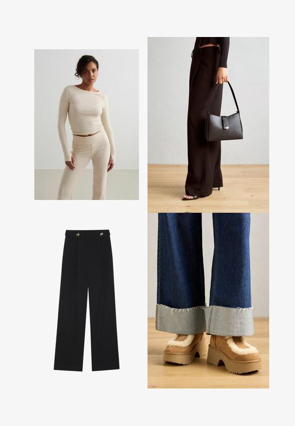 Beige geripptes Langarmoberteil und passende hochgeschnittene Hose, weiche Textur, figurbetontes Design, minimalistischer Stil, mit dezenten Nähten.; Schwarze weite Hosen mit hoher Taille, Knopfdetails am Bund und vorderen Falten.; Braune Wildleder-Plateau-Stiefel mit cremefarbener Fellfütterung, kombiniert mit weiten Denim-Hosen mit fransigen Säumen und einem helleren Denim-Bündchen.; Schwarze Handtasche mit strukturierter Form, glatter Textur und einem metallischen Verschluss. Kombiniert mit weiten schwarzen Hosen und offenen Sandalen auf einem Holzboden.