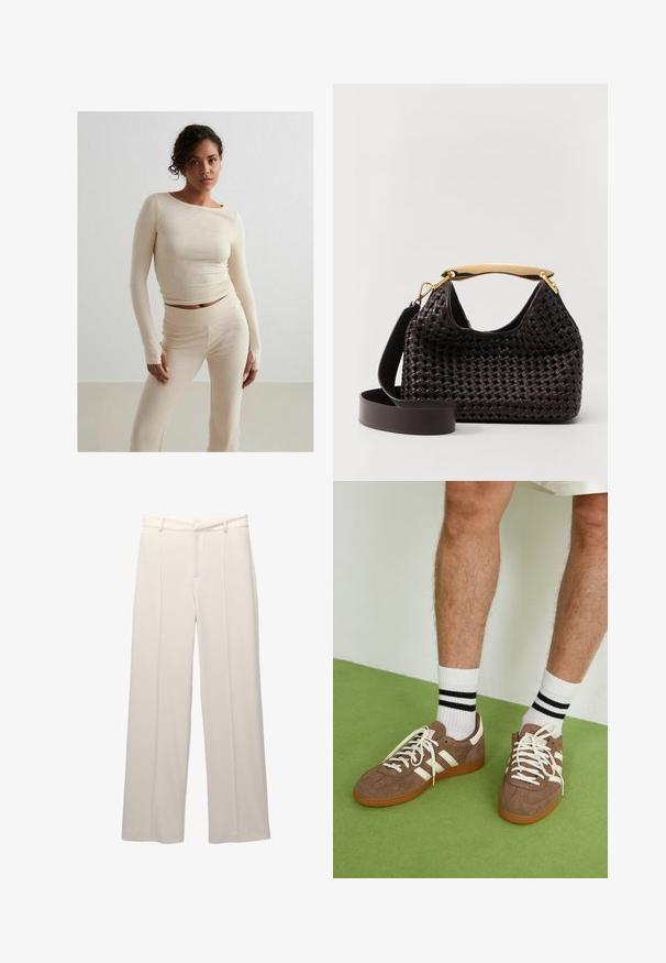 Beige ribbattu pitkähihaine paita ja siihen sopivat korkeavyötäröiset housut, pehmeä rakenne, vartalonmyötäinen muotoilu, minimalistinen tyyli, hienovaraisilla ompeluyksityiskohdilla.; Valkoiset leveälahkeiset housut vaaleasta beigeestä kankaasta, joka on sileäpintainen. Housuissa on istuva vyötärö, edessä laskokset, eikä näkyviä taskuja.; Ruske nahkate sneakerit valkoisilla korostuksilla ja nauhoilla. Kumi-gumipohja. Yhdistetty valkoisiin sukkiin, joissa on mustia raitoja. Vihreä teksturoitu lattia.; Elleme BOOMERANG WOVEN - Käsilaukku - brown