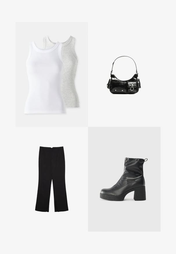 Två ärmlösa linnen: ett vitt med ribbad textur och ett ljusgrått med subtilt melerat mönster. Båda har rund halsringning.; Svarta byxor med rak passform, utrustade med framfickor och sidoklyvningar vid fållen. Tillverkade av mjukt, slätt tyg. Lämpliga för olika tillfällen.; Svarta ankelstövlar i slitstark läder, med sidodragkedja, kraftig strukturerad klack och rundad tådesign.; Svart lackläderhandväska med en rundad form, en axelrem, framfickor och detaljer i silverfärg.