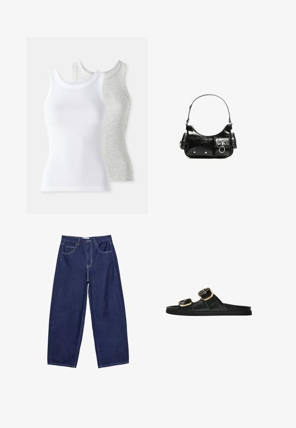 Twee mouwloze tanktops: één witte met geribbeld textuur en één lichtgrijze met een subtiel heatherpatroon. Beide hebben een ronde hals.; Donkerblauwe denim wijde been broek met een hoge taille, vijf zakken en contrasterende witte stiksels. Gladde textuur, klassiek ontwerp.; Zwarte slipper met twee gouden gesps, gladde textuur, platte zool en een minimalistisch ontwerp.; Zwarte laarzen in lakleer met een gebogen vorm, één schouderband, voorvakken en accenten in zilverkleurig metaal.