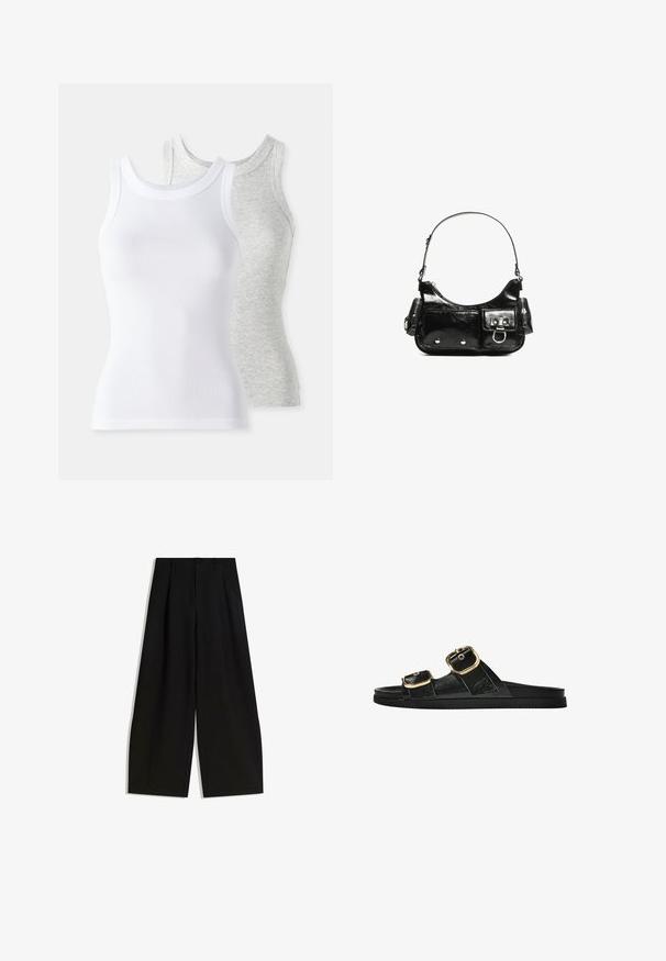 Two sleeveless tank tops: one white, ribbed texture, and one light gray with a subtle heather pattern. Both have round necklines.; Black wide-leg trousers made of smooth fabric, featuring a high waist, pleats at the front, and no visible embellishments or patterns.; Black slide sandal with two gold buckle accents, smooth textured material, flat sole, and a minimalist design.; Black patent leather handbag with a curved shape, one shoulder strap, front pockets, and silver-tone hardware accents.